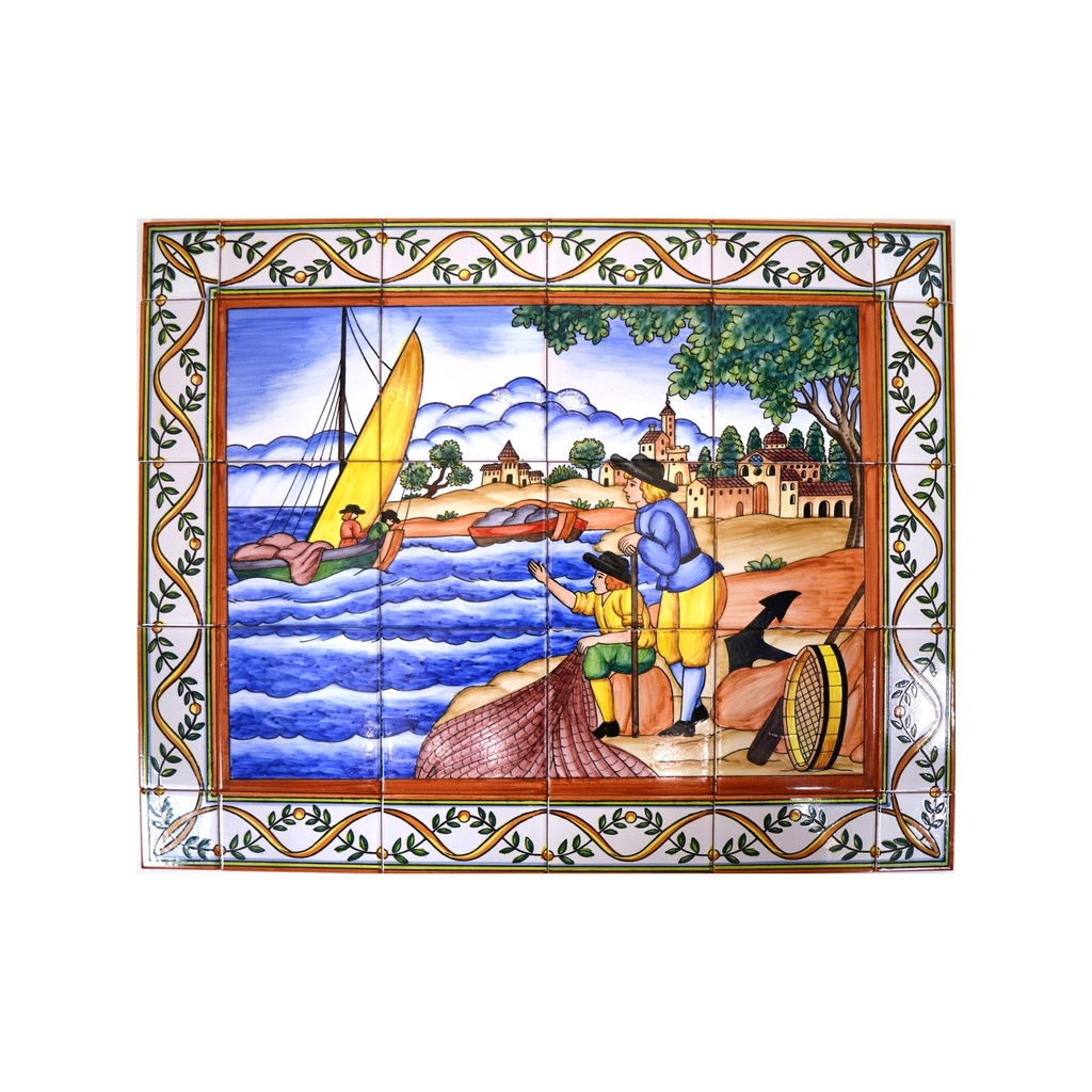 MURAL MARINA / BARCO / PLAYA / PESCADORES CON CENEFA de cerámica pintado a mano. 75 cm x 60 cm. 