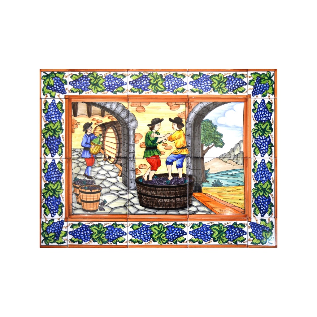 [17904] MURAL BODEGA / ELABORACIÓN VINO / VINIFICACIÓN CON CENEFA de cerámica pintado a mano. 60 cm x 45 cm. 