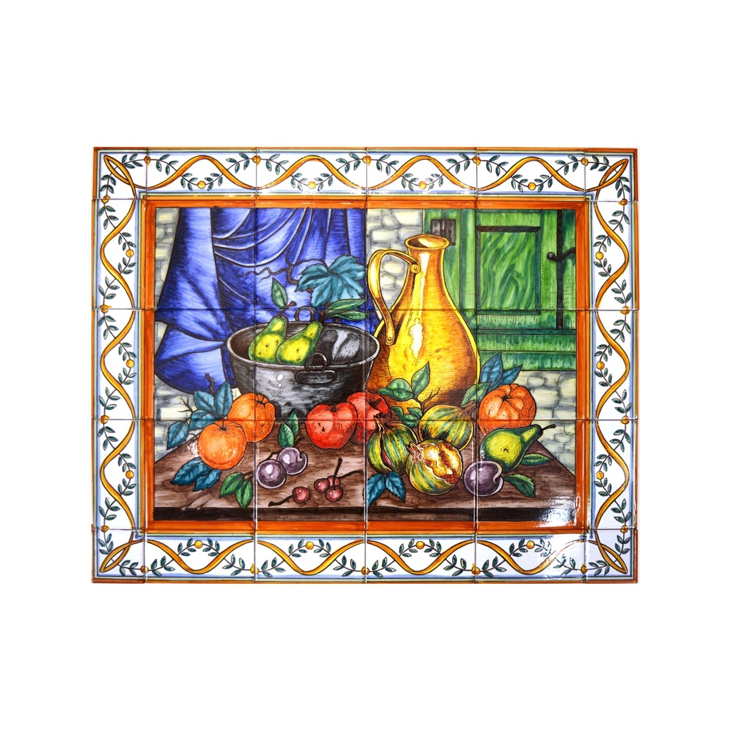 MURAL FRUIT / COUPE À FRUITS / NATURE MORTE AVEC BORDURE de céramique peint à la main. 75 cm x 60 cm. 