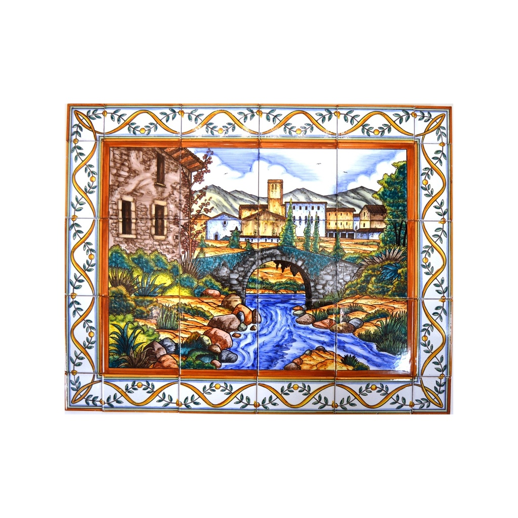 [18774] MURAL PONTE / FIUME / PAESAGGIO CON CORNICE  di ceramica dipinto a mano. 75 cm x 60 cm.