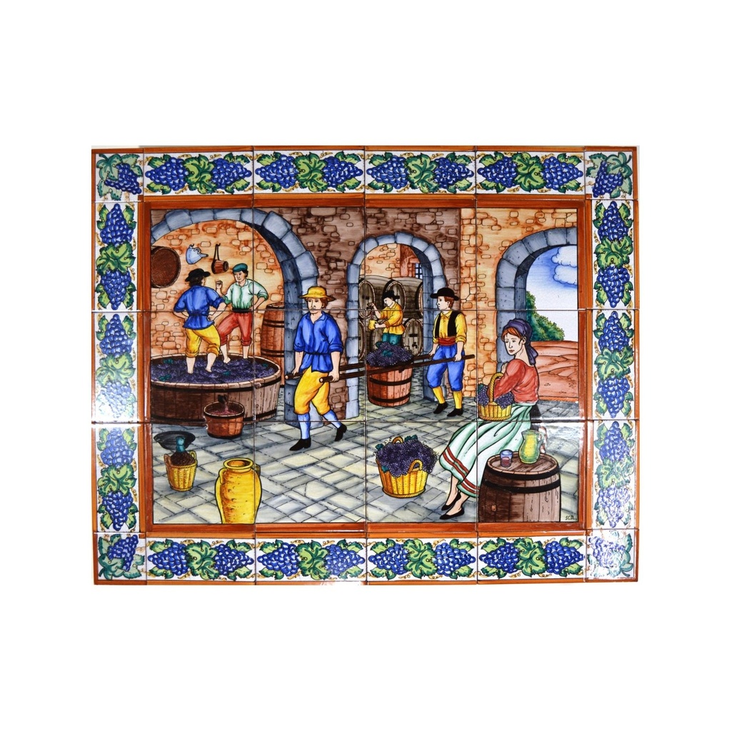 [18776] MURAL BODEGA / ELABORACIÓN VINO / VINIFICACIÓN CON CENEFA de cerámica pintado a mano. 75 cm x 60 cm. 