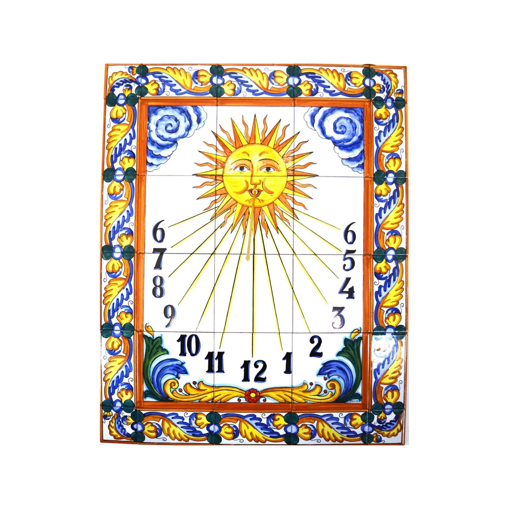 [18778] Handpainted ceramic MURAL SUNDIAL / SUNWATCH / SUNCLOCK WITH EDGE BORDER. 23.62'' x 29.53''.