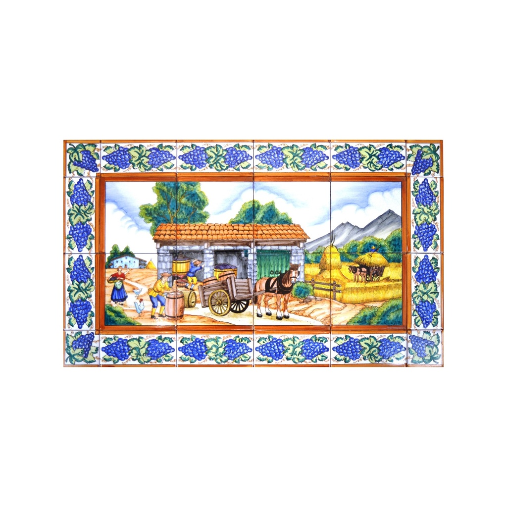 MURAL BODEGA / ELABORACIÓN VINO / VINIFICACIÓN CON CENEFA de cerámica pintado a mano. 75 cm x 45 cm. 