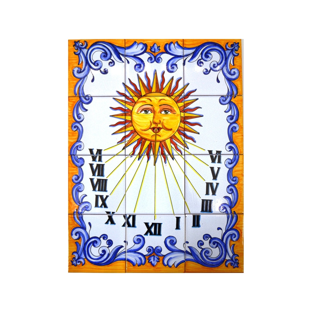 [18781] MURAL HORLOGE / PENDULE / CADRAN SOLAIRE de céramique peint à la main. 45 cm x 60 cm. 