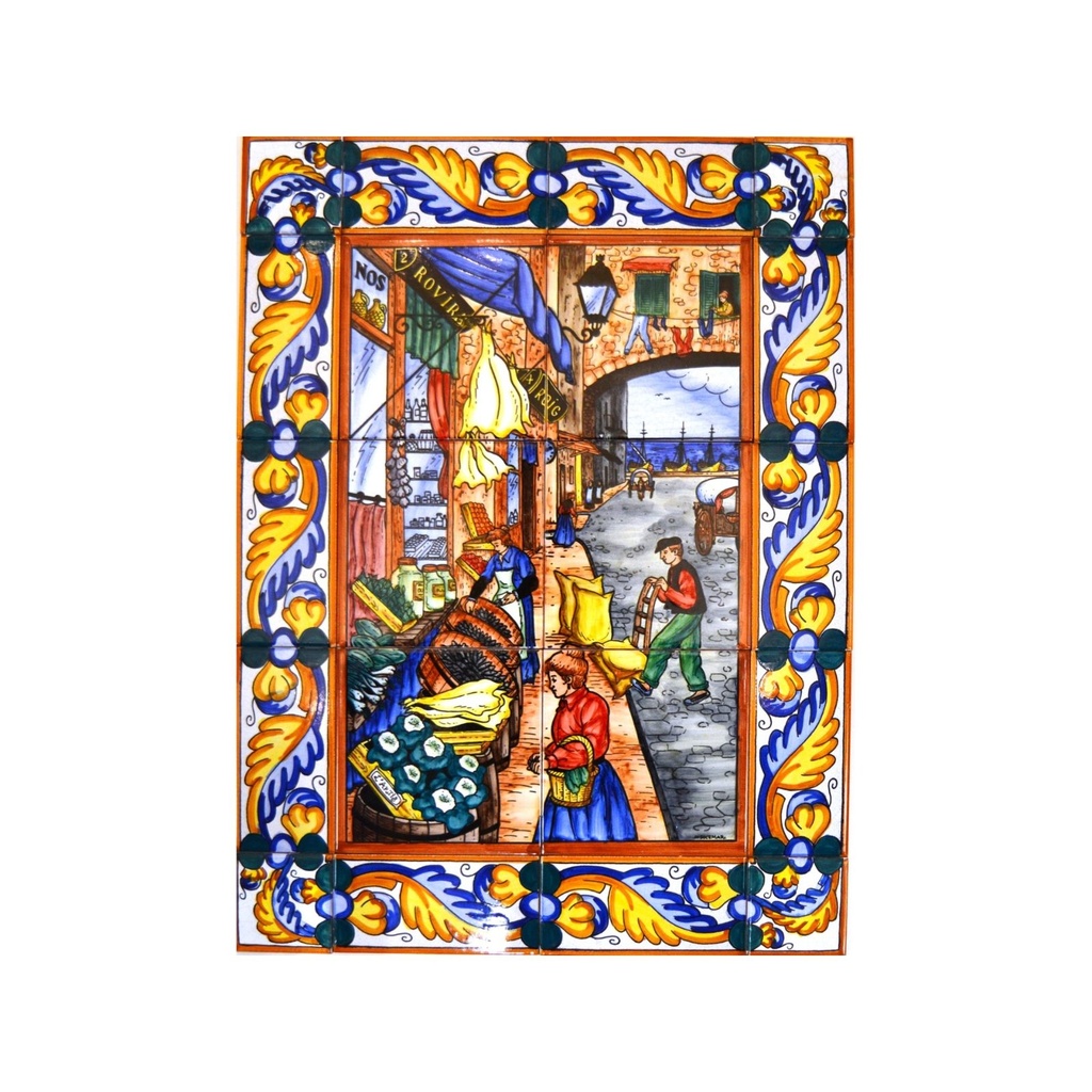 [18782] MURAL CALLES TÍPICAS / MERCADO CON CENEFA de cerámica pintado a mano. 45 cm x 60 cm. 