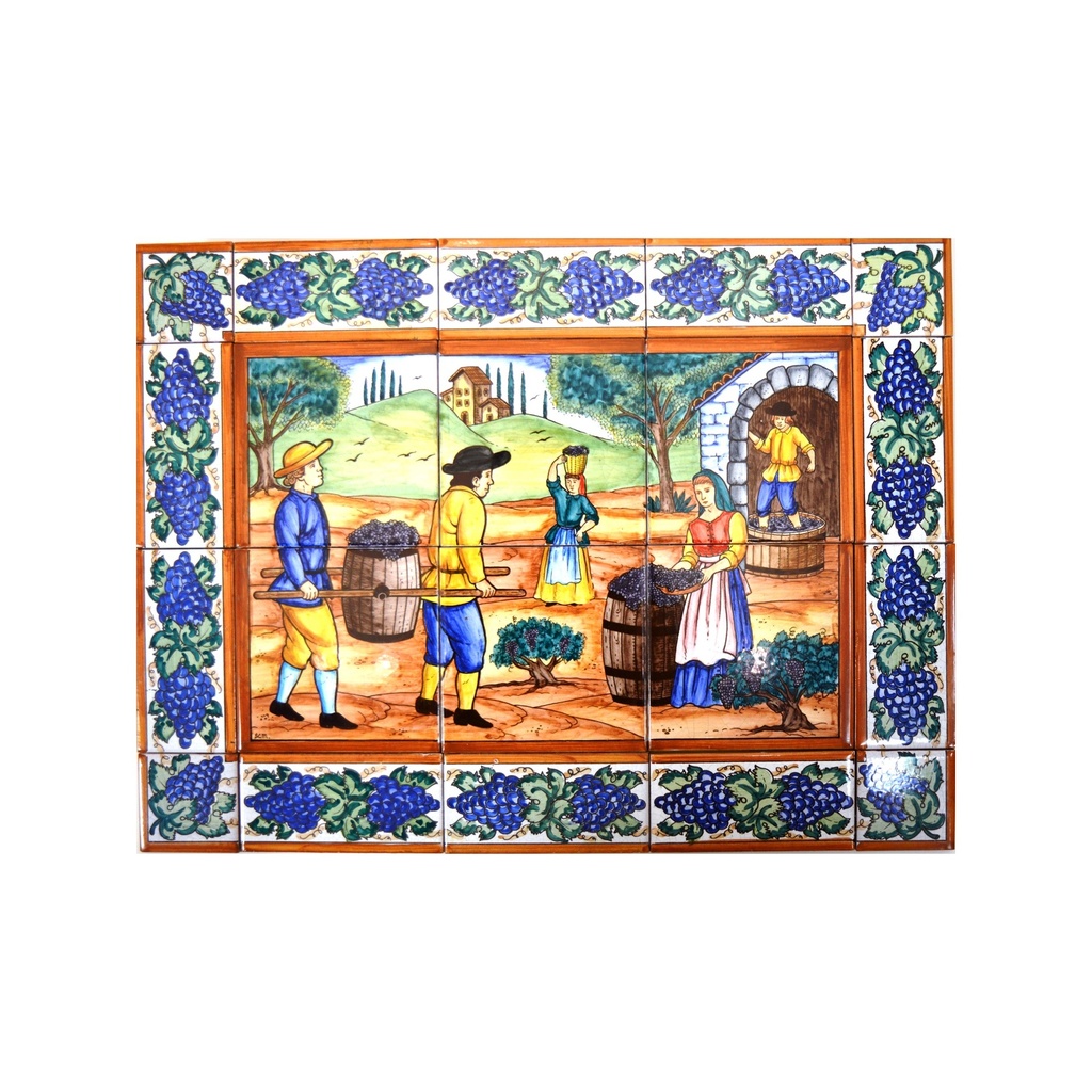 [18783] Handpainted ceramic MURAL GRAPE HARVEST WITH EDGE BORDER. 23.62'' x 17.72''.