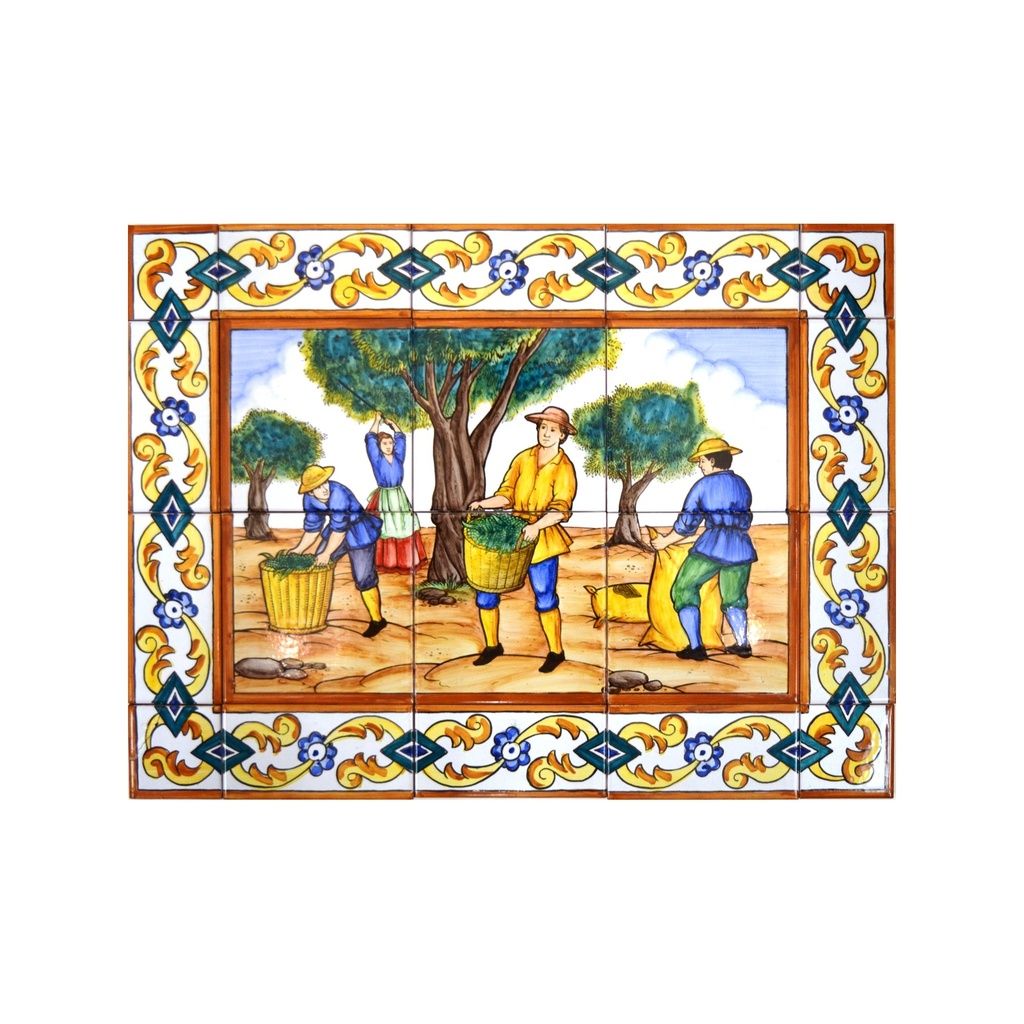 [18784] MURAL OLIVIERS / RÉCOLT DES OLIVES / MÉTIERS / PROFESSIONS  AVEC BORDURE de céramique peint à la main. 60 cm x 45 cm. 