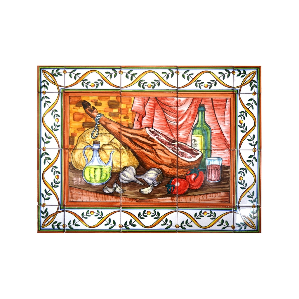 [18785] Handpainted ceramic MURAL SERRANO HAM / JAMON / FOOD / STILL LIFE WITH EDGE BORDER. 23.62'' x 17.72''.