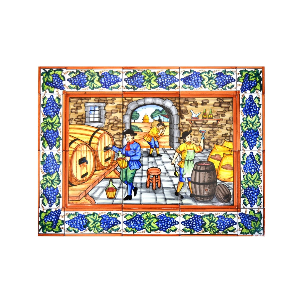 MURAL CAVE À VIN / PRODUCTION DU VIN / VINIFICATION AVEC BORDURE de céramique peint à la main. 60 cm x 45 cm. 