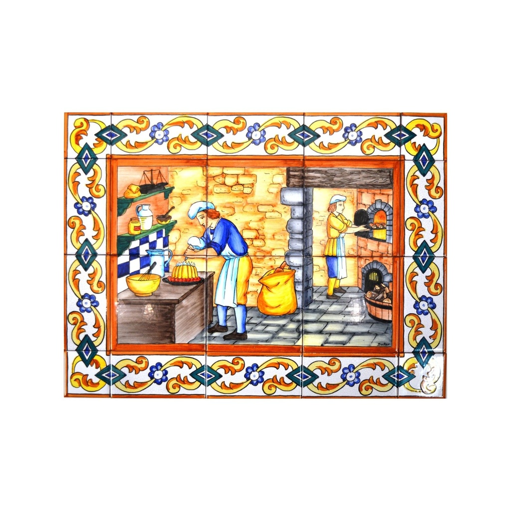 [18787] MURAL PANADERO / PASTELERO / OFICIOS CON CENEFA de cerámica pintado a mano. 60 cm x 45 cm. 