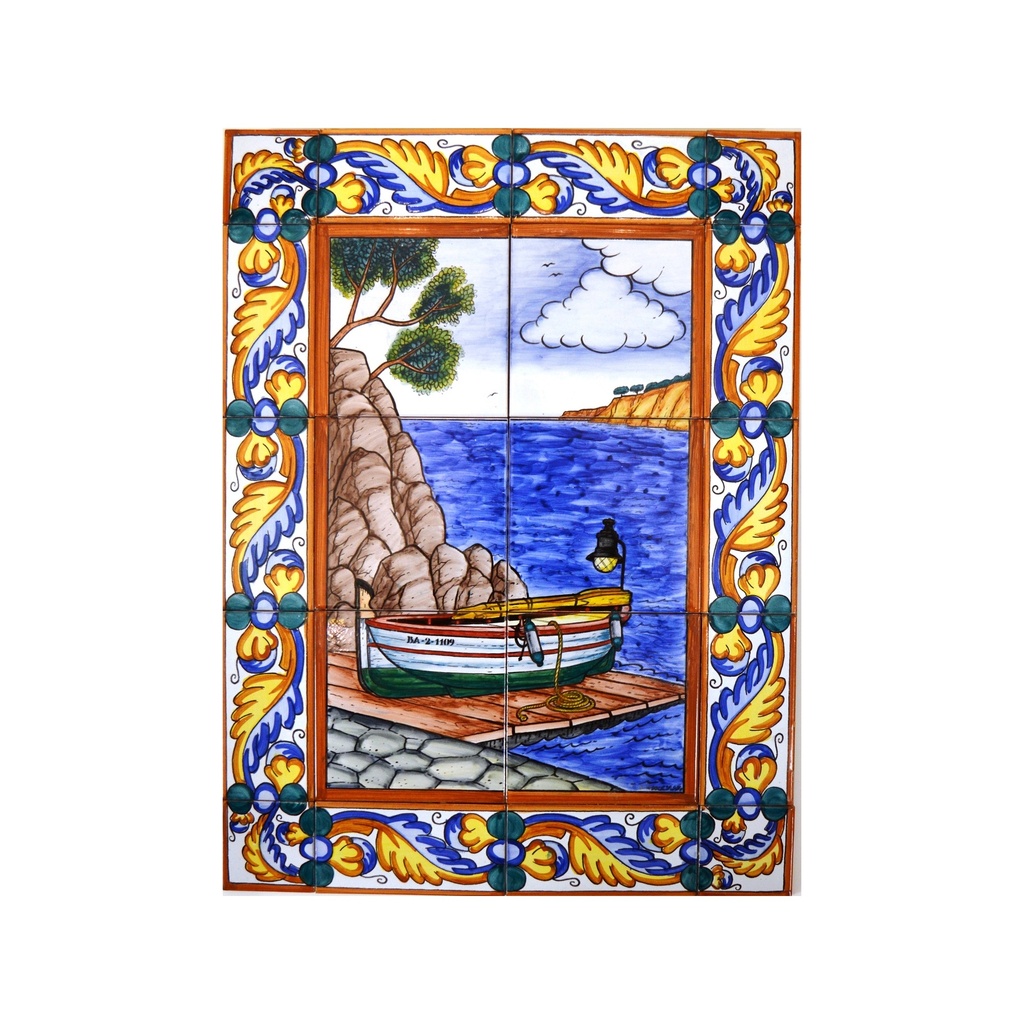 [18788] Handpainted ceramic MURAL MARINA / BOAT / BEACH WITH EDGE BORDER. 17.72'' x 23.62''.