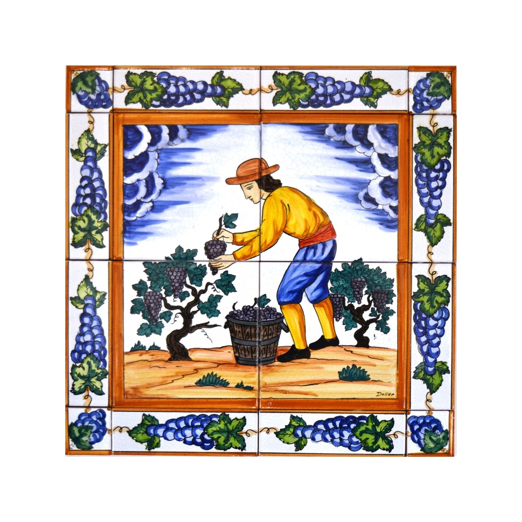 [18789] MURAL VEREMA / COLLITA DEL RAÏM AMB CENEFA de ceràmica pintat a mà. 40 cm x 40 cm.