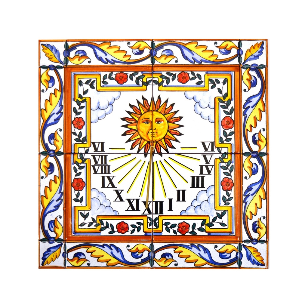 MURAL RELLOTGE DE SOL AMB CENEFA de ceràmica pintat a mà. 40 cm x 40 cm.