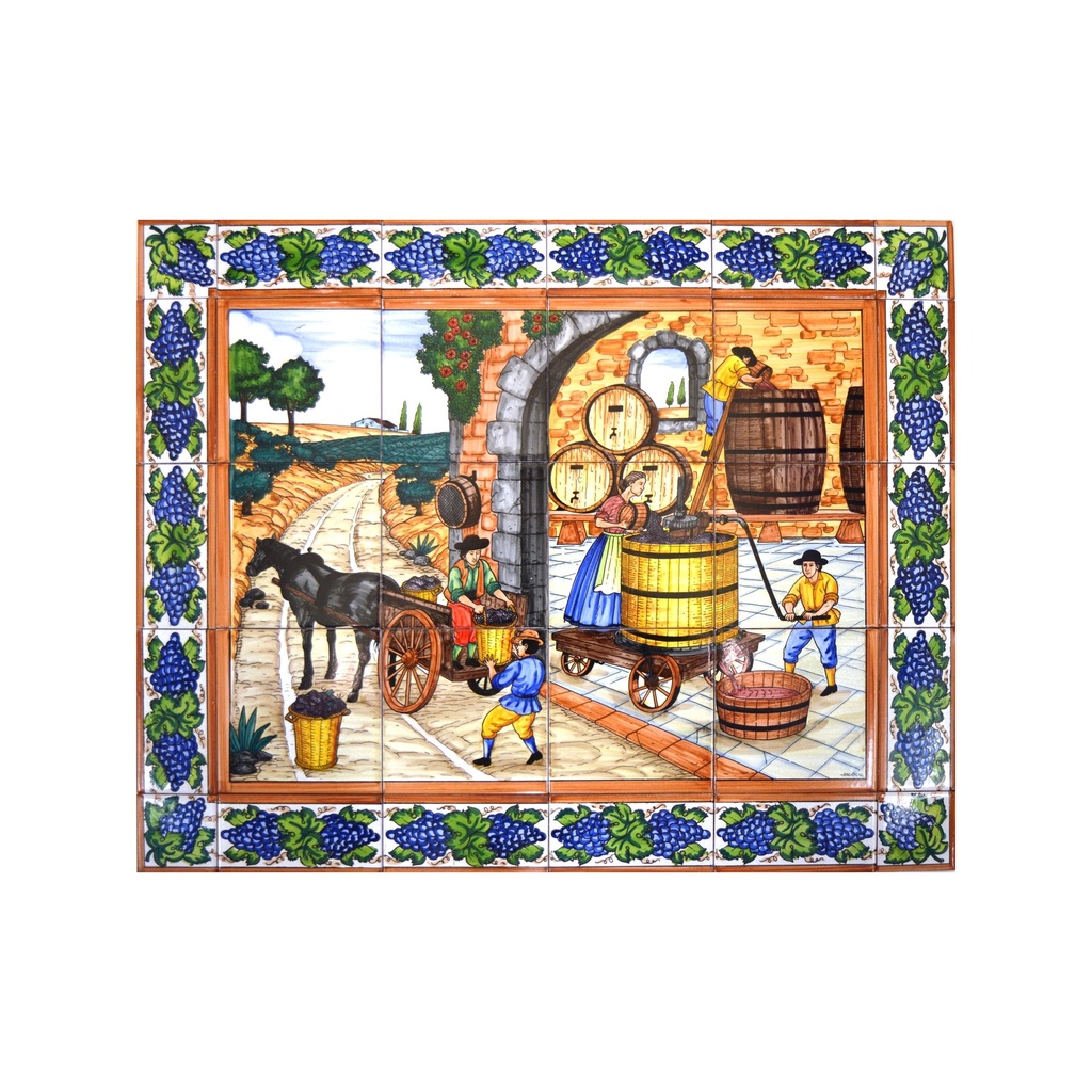 [18986] Handpainted ceramic MURAL WINE CELLAR / WINEMAKING / VINIFICATION WITH EDGE BORDER. 29.53'' x 23.62''.