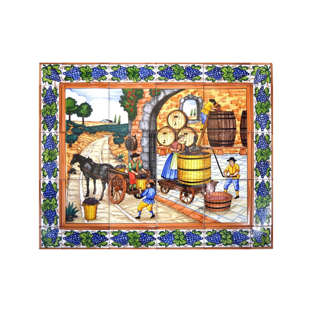[18986] MURAL BODEGA / ELABORACIÓN VINO / VINIFICACIÓN CON CENEFA de cerámica pintado a mano. 75 cm x 60 cm. 