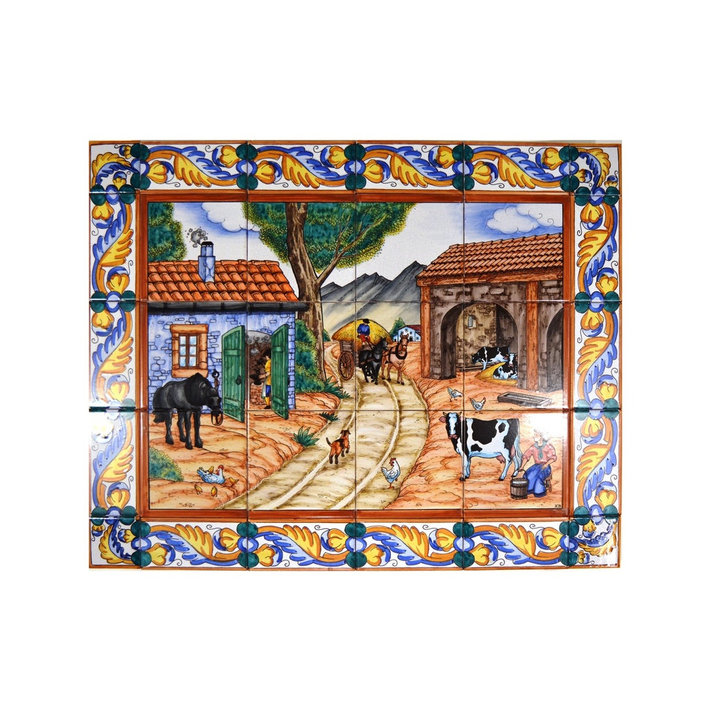 [18987] MURAL FERME / ANIMAUX / PAYSAGE AVEC BORDURE de céramique peint à la main. 75 cm x 60 cm. 