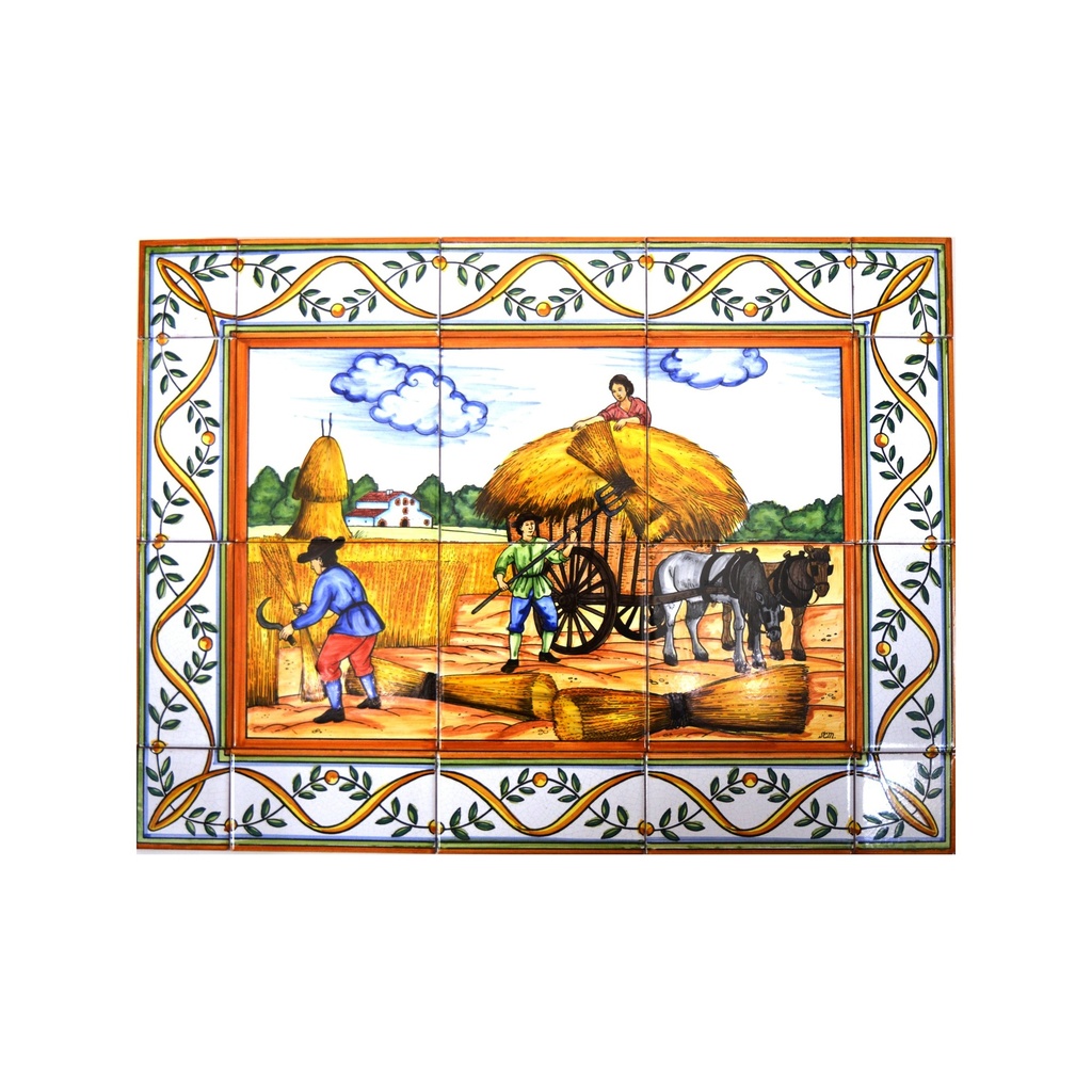 [18991] MURAL RACCOLTA GRANO / PAGLIA / RACCOLTA / PROFESSIONI CON CORNICE di ceramica dipinto a mano.  60 cm x 45 cm.