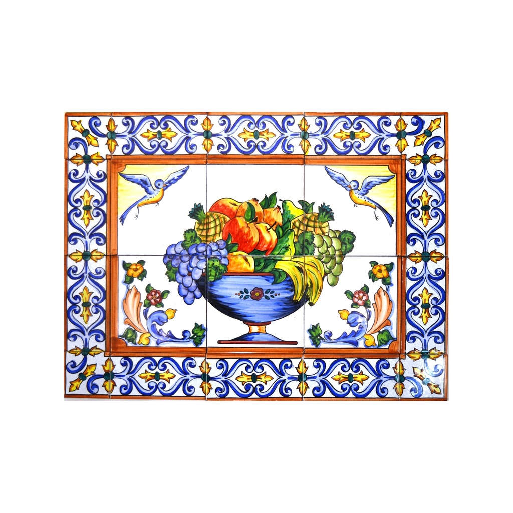 [18992] Handpainted ceramic MURAL FRUIT BOWL / STILL LIFE WITH EDGE BORDER. 23.62'' x 17.72''.