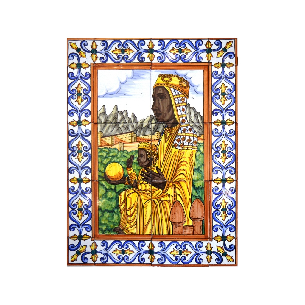 MURAL VERGE DE MONTSERRAT / MARE DE DÉU DE MONTSERRAT / SANTS / SANTES / RELIGIONS AMB CENEFA de ceràmica pintat a mà. 45 cm x 60 cm.