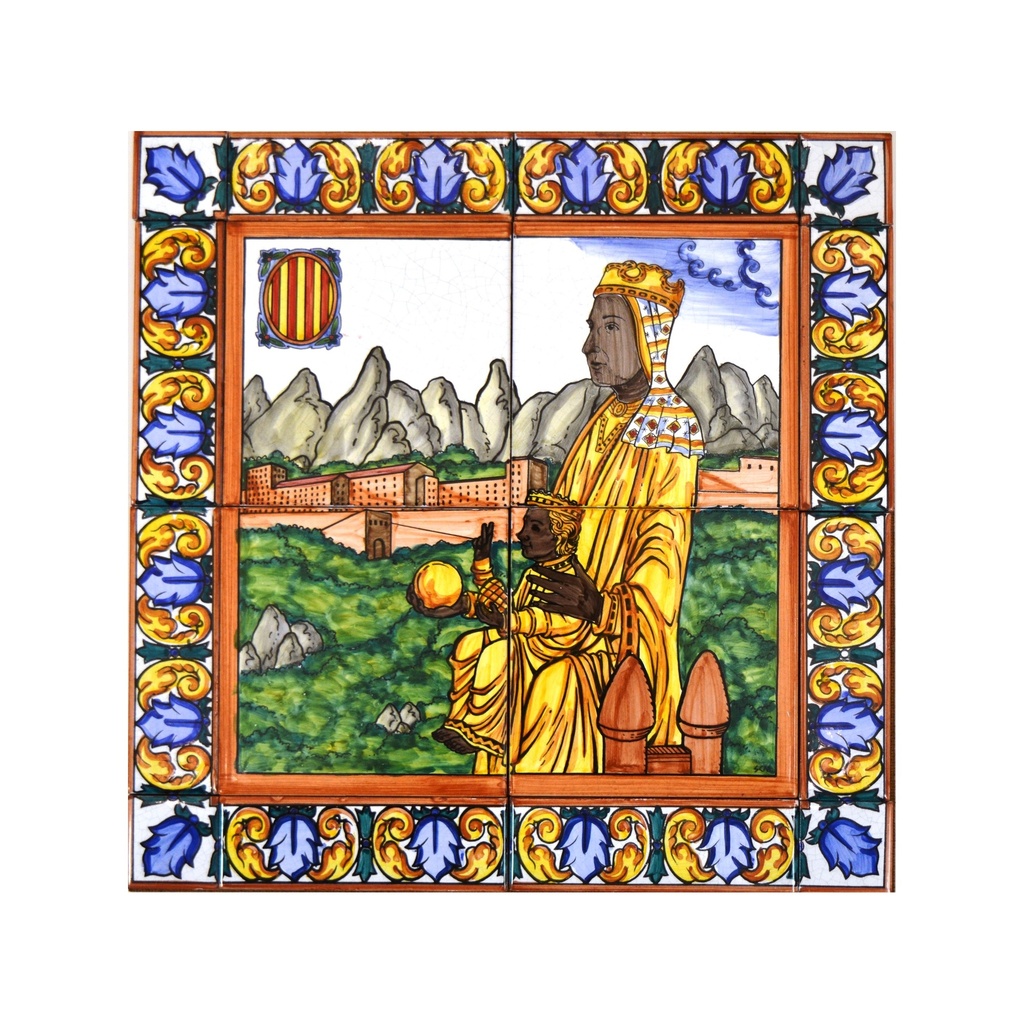 [19793] MURAL VERGE DE MONTSERRAT / MARE DE DÉU DE MONTSERRAT / SANTOS / SANTAS / RELIGIONES CON CENEFA de cerámica pintado a mano. 40 cm x 40 cm. 