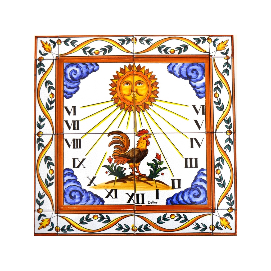 [21423] Handpainted ceramic MURAL ROOSTER / SUNDIAL / SUNWATCH / SUNCLOCK WITH EDGE BORDER. 15.75'' x 15.75''.