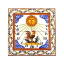 MURAL COQ / HORLOGE / PENDULE / CADRAN SOLAIRE AVEC BORDURE de céramique peint à la main. 40 cm x 40 cm. 