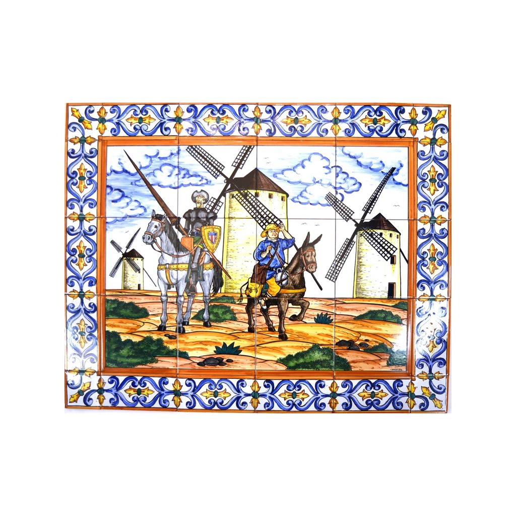 [25370] MURAL DON QUICHOTTE / SANCHO PANZA / MIGUEL DE CERVANTES AVEC BORDURE de céramique peint à la main. 75 cm x 60 cm. 