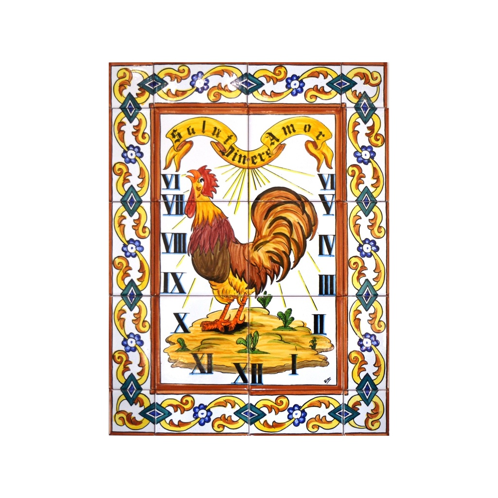 MURAL GALLO / RELOJ DE SOL CON CENEFA de cerámica pintado a mano. 45 cm x 60 cm. 