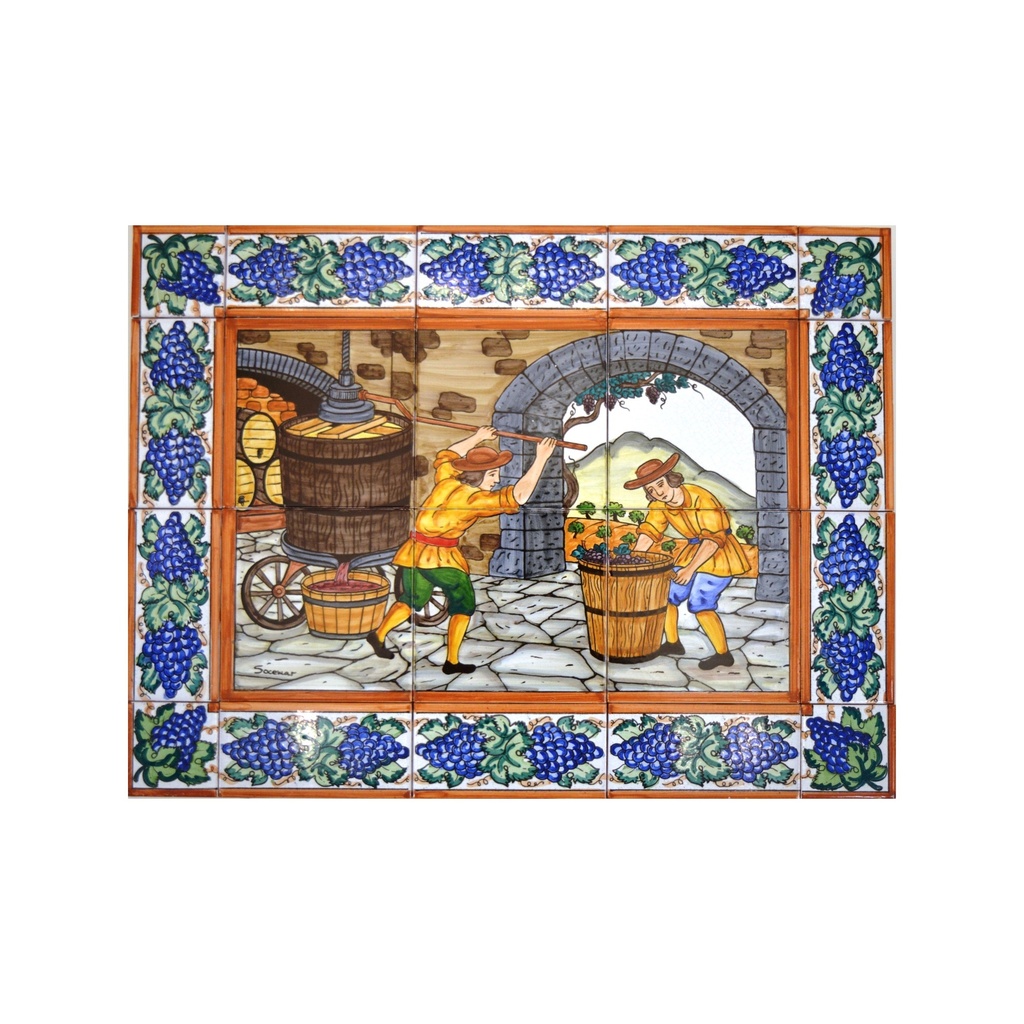 [25373] MURAL CAVE À VIN / PRODUCTION DU VIN / VINIFICATION AVEC BORDURE de céramique peint à la main. 60 cm x 45 cm. 