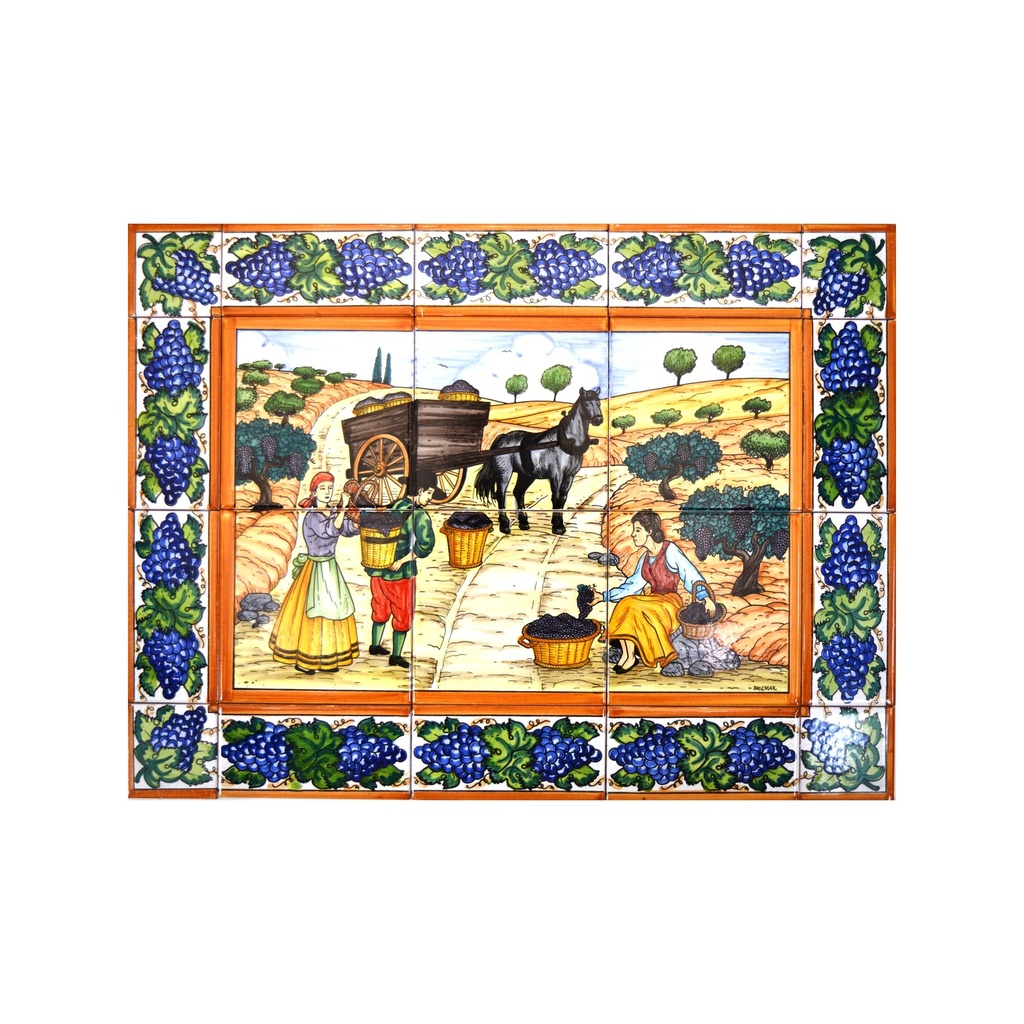 MURAL VENDANGE / RÉCOLTE DU RAISIN AVEC BORDURE de céramique peint à la main. 60 cm x 45 cm. 