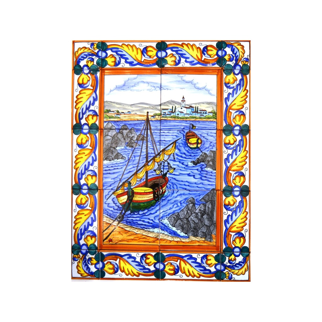 [25377] MURAL MARINE / BATEAU / PLAGE AVEC BORDURE de céramique peint à la main. 45 cm x 60 cm. 
