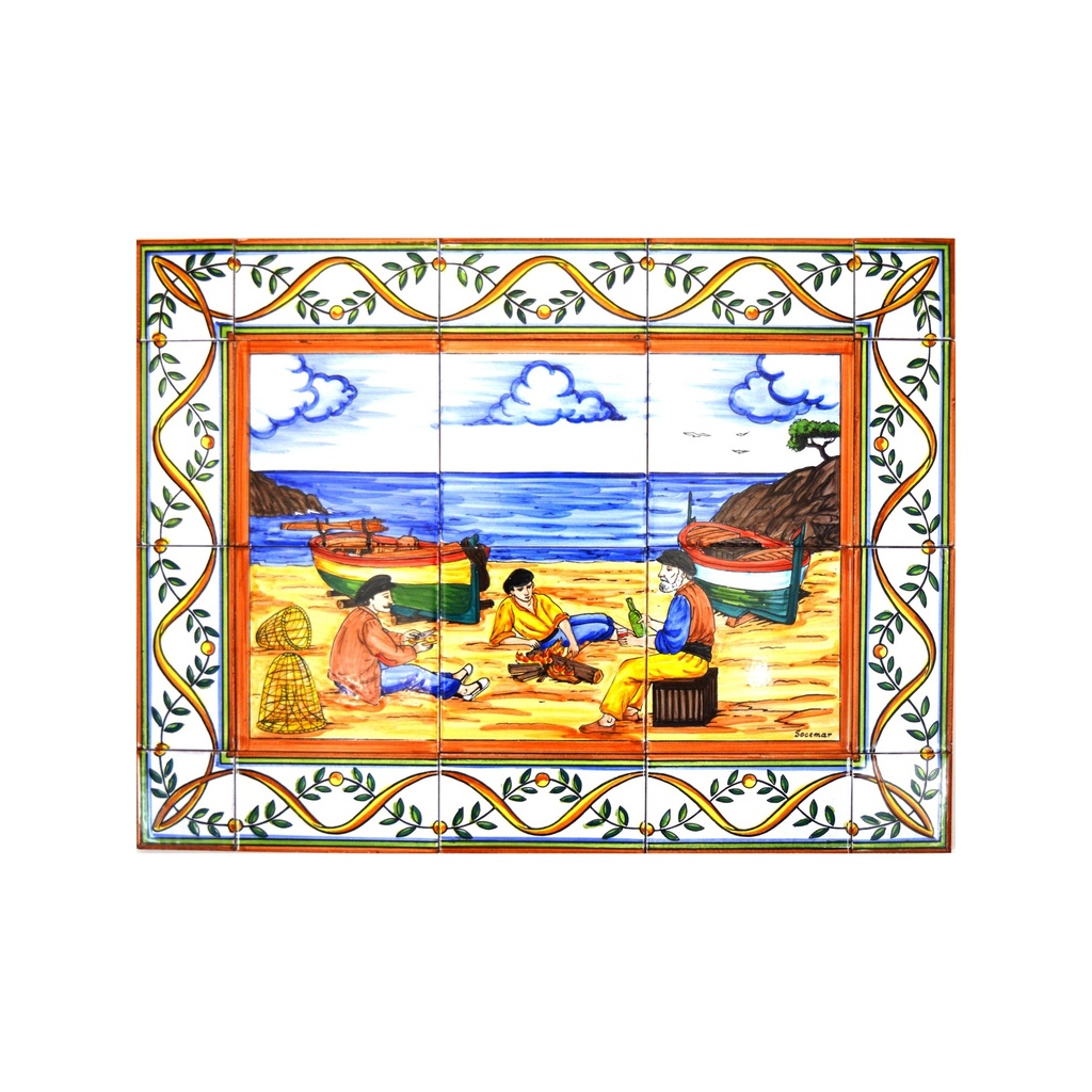 MURAL MARINA / BARCO / PLAYA / PESCADORES CON CENEFA de cerámica pintado a mano. 60 cm x 45 cm. 