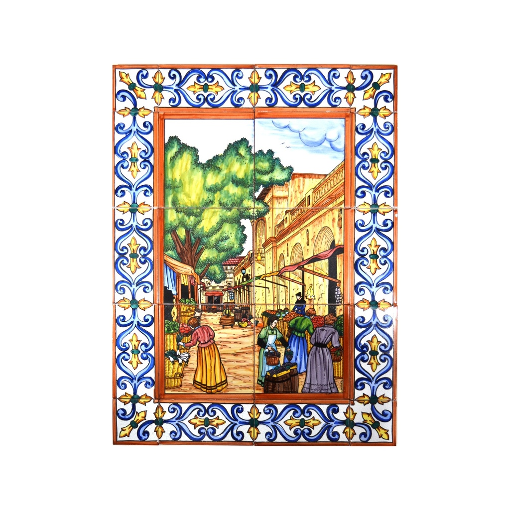 MURAL CARRERS TÍPIQUES / MERCAT AMB CENEFA de ceràmica pintat a mà. 45 cm x 60 cm.