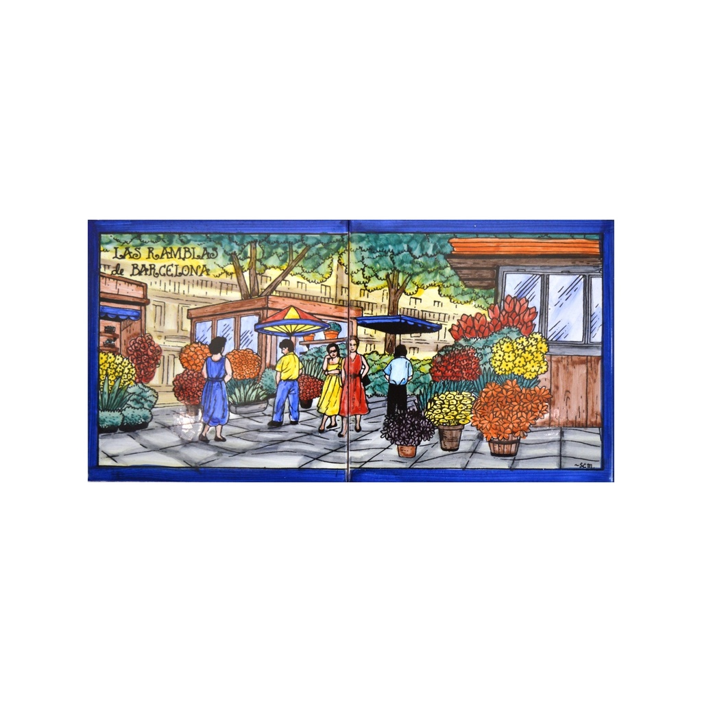 MURAL LAS RAMBLAS DE BARCELONE RUES TYPIQUES de céramique peint à la main. 30 cm x 15 cm. 