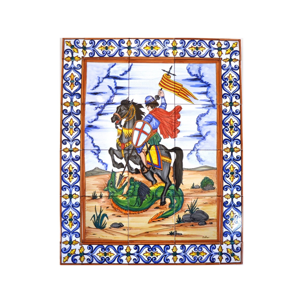 [27964] Handpainted ceramic MURAL SANT JORDI / SAINT GEORGE / SAINTS / RELIGIONS WITH EDGE BORDER. 23.62'' x 29.53''.