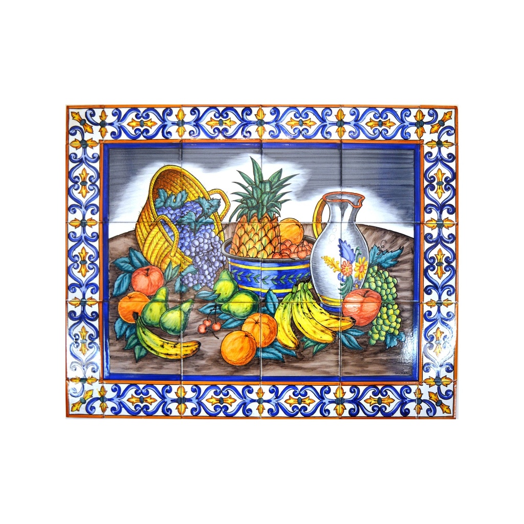 [27965] MURAL FRUIT / COUPE À FRUITS / NATURE MORTE AVEC BORDURE de céramique peint à la main. 75 cm x 60 cm. 