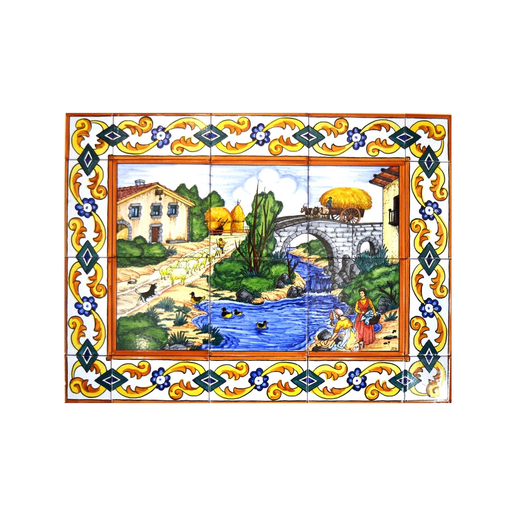 [27966] MURAL PECORE / PONTE / FIUME / PAESAGGIO CON CORNICE di ceramica dipinto a mano. 60 cm x 45 cm.