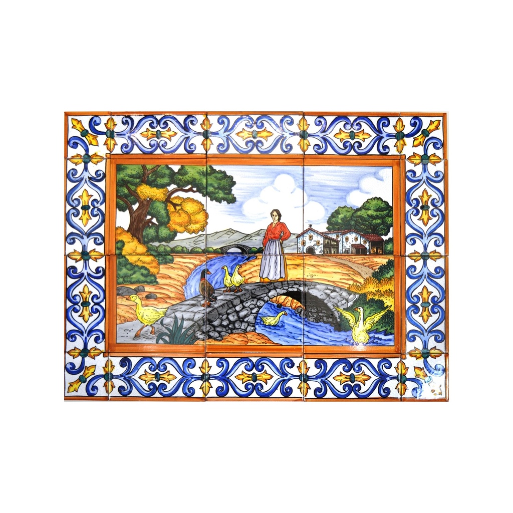 [27967] MURAL ANATRE / PONTE / FIUME / PAESAGGIO CON CORNICE di ceramica dipinto a mano. 60 cm x 45 cm.