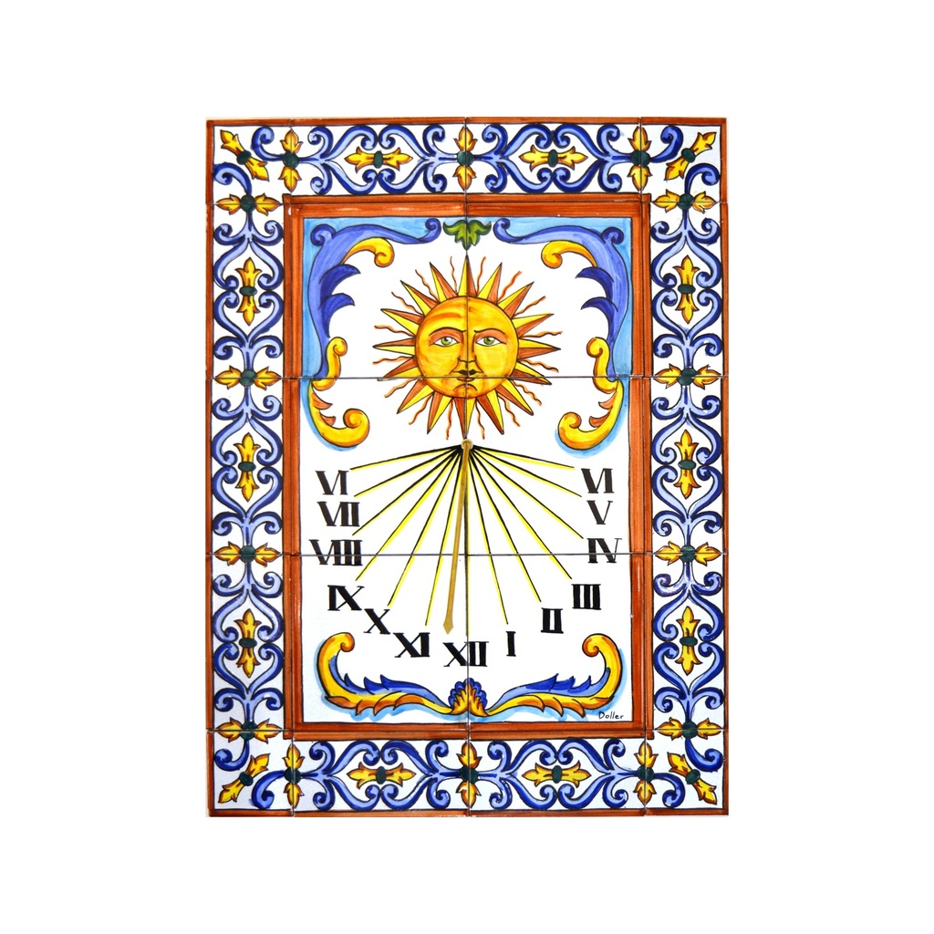[27970] MURAL OROLOGIO SOLARE CON CORNICE di ceramica dipinto a mano.  45 cm x 60 cm.