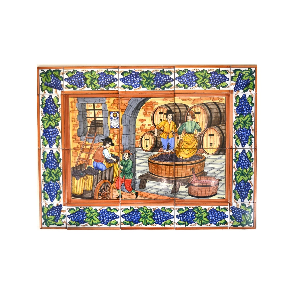 MURAL PISANDO CARRO / BODEGA / ELABORACIÓN VINO / VINIFICACIÓN CON CENEFA de cerámica pintado a mano. 60 cm x 45 cm.