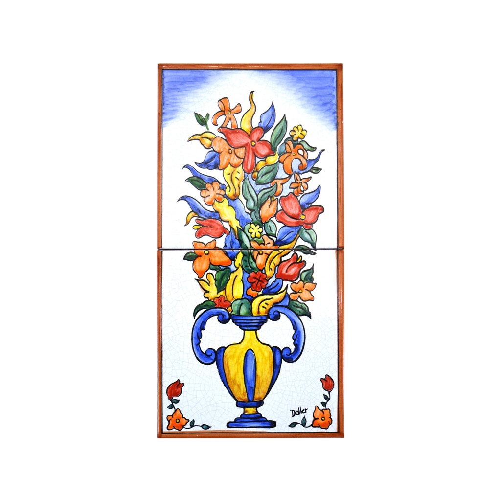 [27977] MURAL VASO DI FIORI / FIORI di ceramica dipinto a mano. 15 cm x 30 cm.