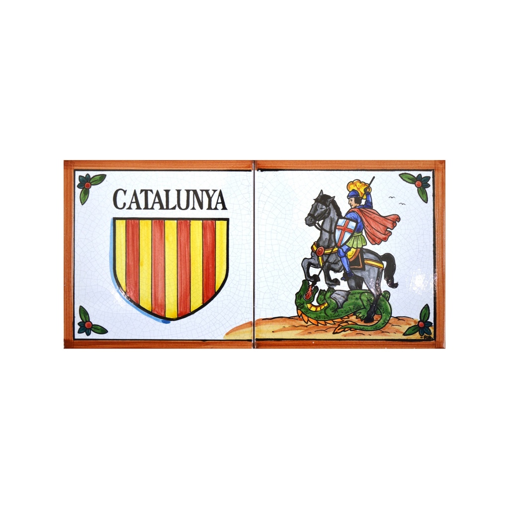 [27978] MURAL SANT JORDI AVEC BADGE DE CATALOGNE/ SAINT GEORGE / SAINTS / SAINTES / RELIGIONS de céramique peint à la main. 30 cm x 15 cm. 