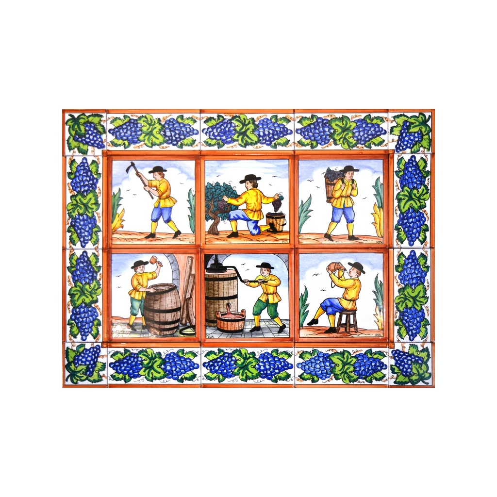 [28248] MURAL CAVE À VIN / PRODUCTION DU VIN / VINIFICATION AVEC BORDURE de céramique peint à la main. 60 cm x 45 cm. 