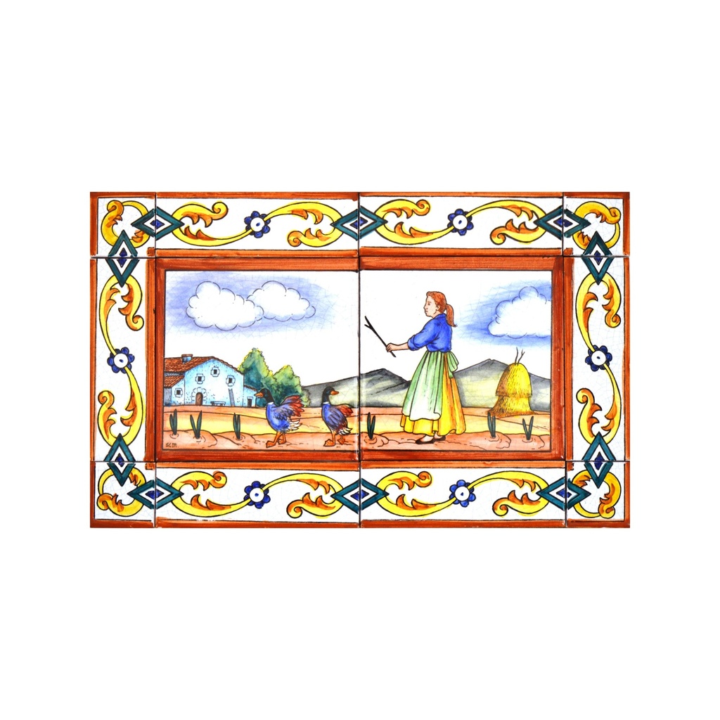 MURAL PATOS / PAISAJE CON CENEFA de cerámica pintado a mano. 40 cm x 25 cm. 