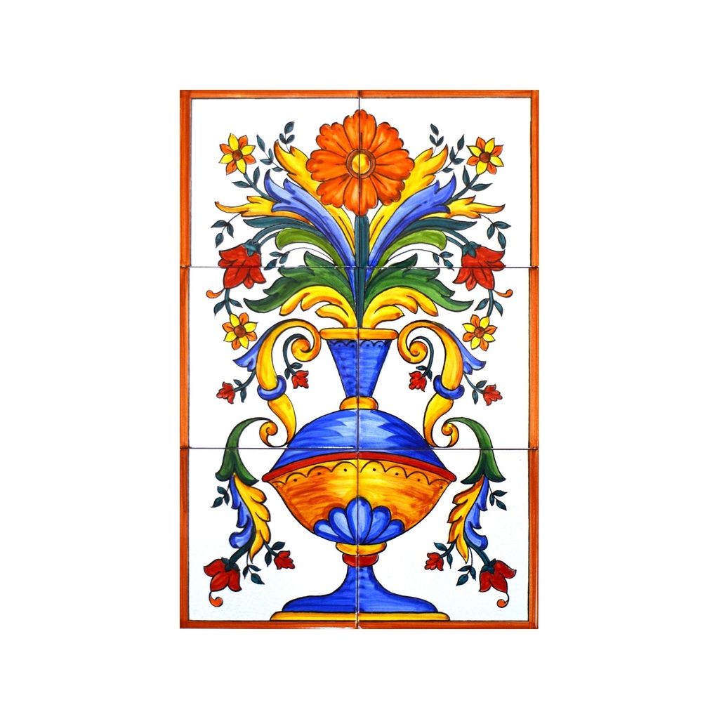 [28250] MURAL VASO DI FIORI / FIORI di ceramica dipinto a mano. 30 cm x 45 cm.