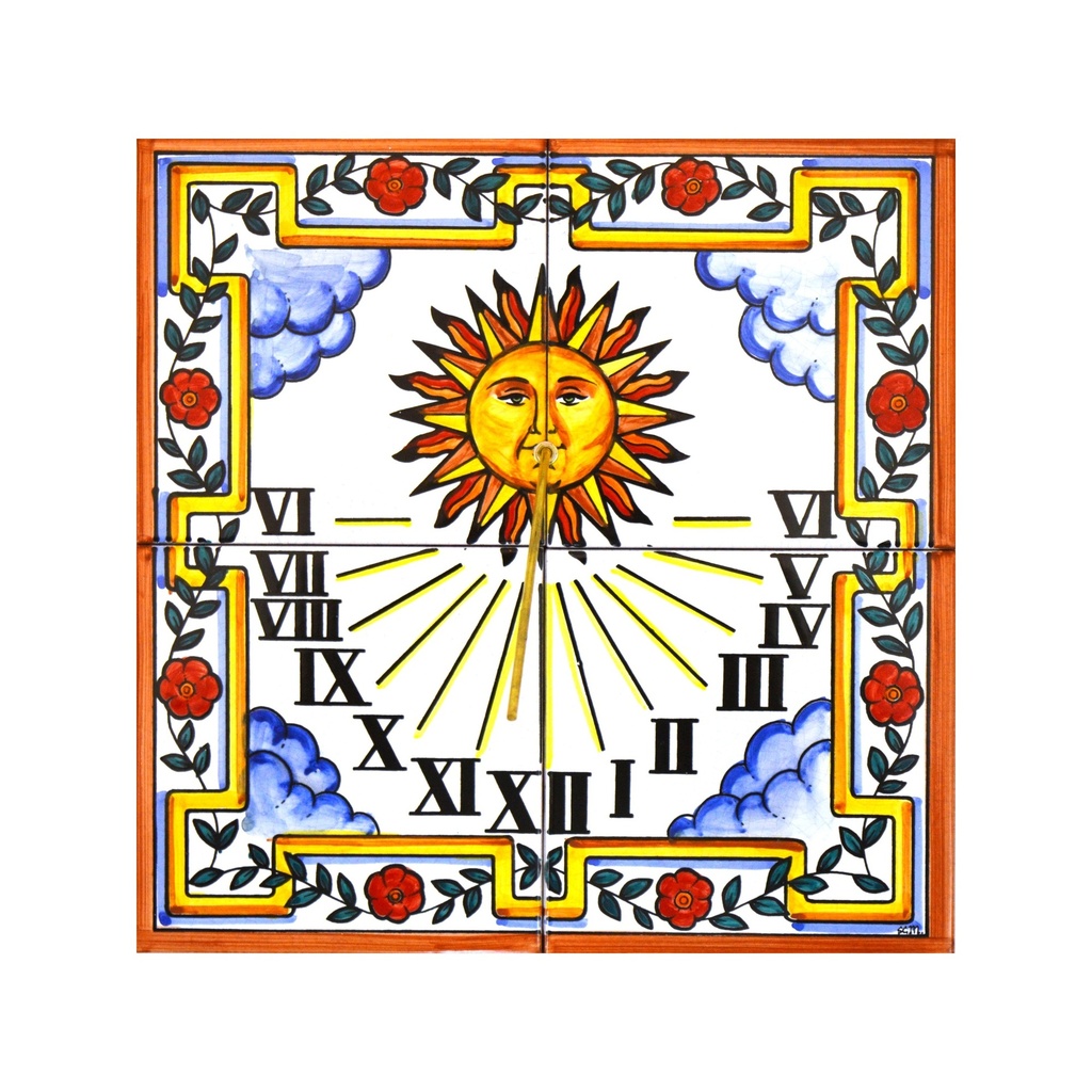 [28252] MURAL HORLOGE / PENDULE / CADRAN SOLAIRE de céramique peint à la main. 30 cm x 30 cm. 