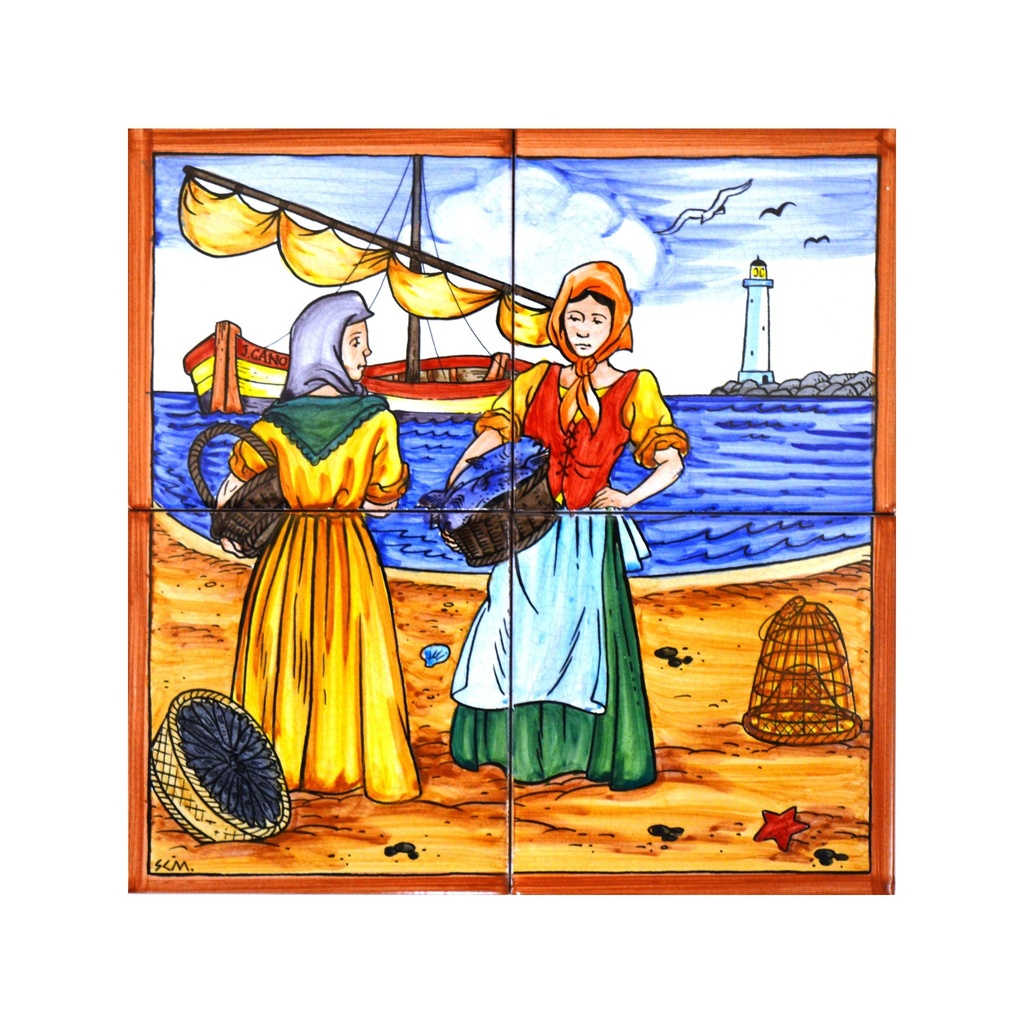[28254] MURAL MARINE / BATEAU / PLAGE / PÊCHEUSES de céramique peint à la main. 30 cm x 30 cm. 
