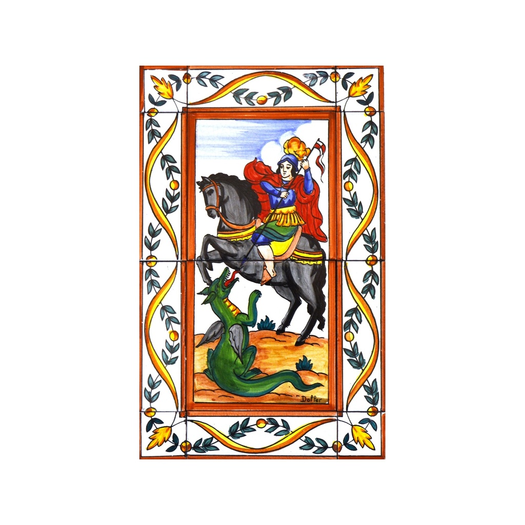 MURAL SANT JORDI / SANTOS / SANTAS / RELIGIONES CON CENEFA de cerámica pintado a mano. 25 cm x 40 cm. 