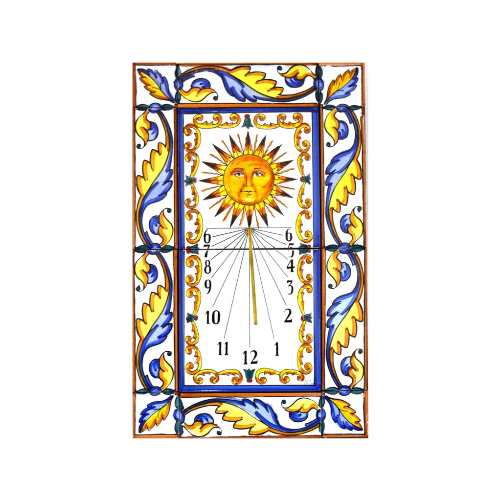 [28257] MURAL HORLOGE / PENDULE / CADRAN SOLAIRE AVEC BORDURE de céramique peint à la main. 25 cm x 40 cm. 
