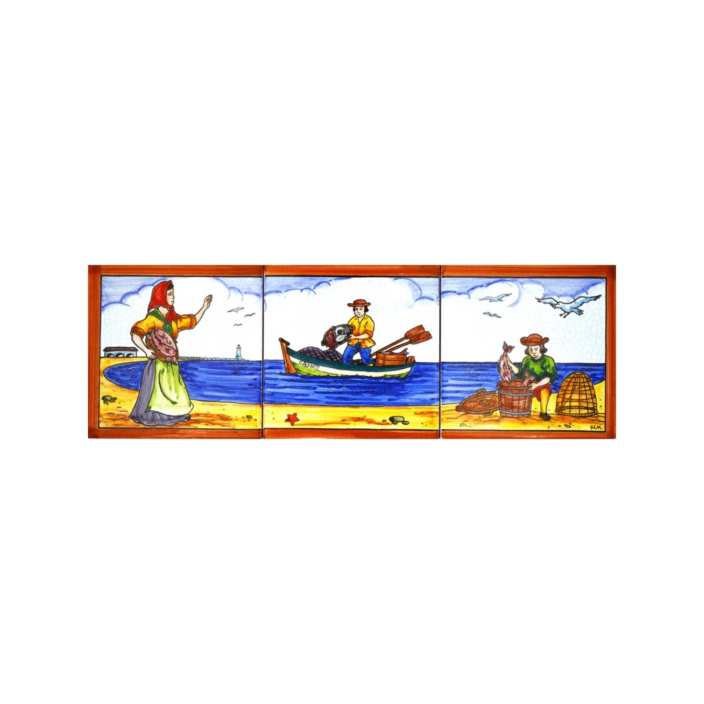 [28260] Handpainted ceramic MURAL MARINA / BOAT / BEACH / FISHERMAN. 17.72'' x 5.91''.